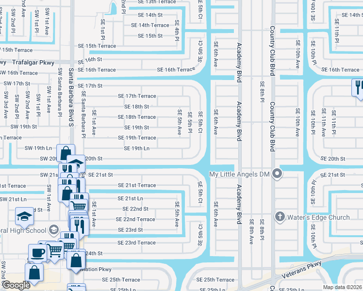 map of restaurants, bars, coffee shops, grocery stores, and more near 433 Southeast 19th Lane in Cape Coral