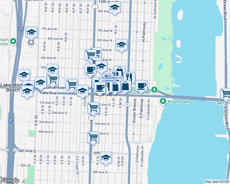 map of restaurants, bars, coffee shops, grocery stores, and more near in Lake Worth