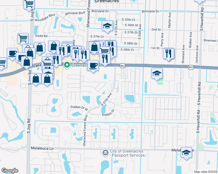 map of restaurants, bars, coffee shops, grocery stores, and more near 4225 South 57th Avenue in Greenacres