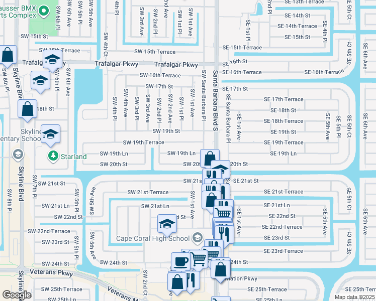 map of restaurants, bars, coffee shops, grocery stores, and more near 107 Southwest 19th Lane in Cape Coral