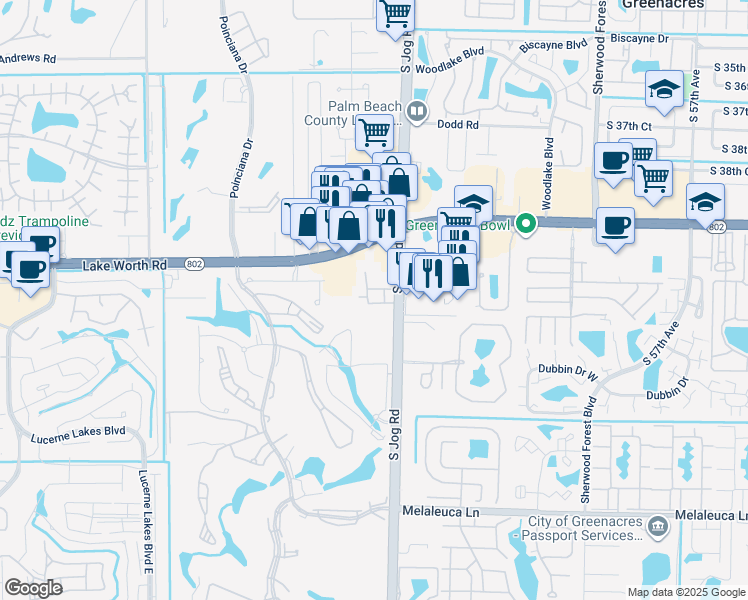 map of restaurants, bars, coffee shops, grocery stores, and more near 4211 Turnberry Circle in Lake Worth