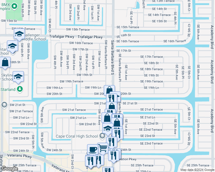 map of restaurants, bars, coffee shops, grocery stores, and more near 1931 Southwest Santa Barbara Place in Cape Coral