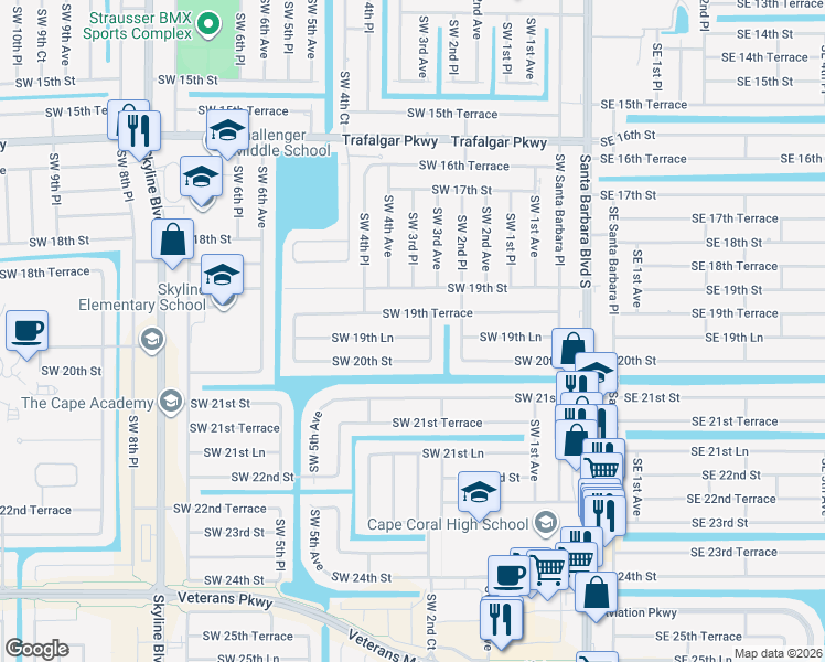 map of restaurants, bars, coffee shops, grocery stores, and more near 315 Southwest 19th Lane in Cape Coral