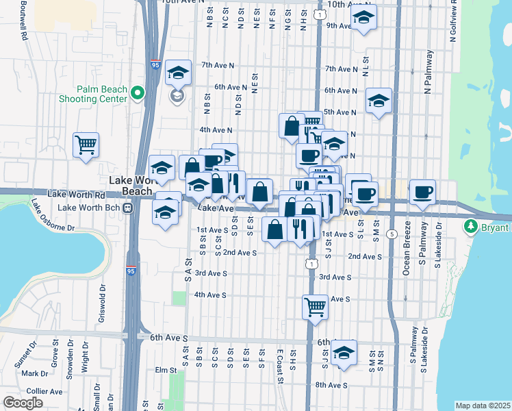 map of restaurants, bars, coffee shops, grocery stores, and more near 1224 Lake Avenue in Lake Worth