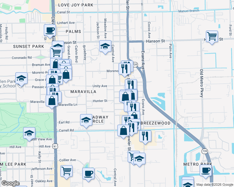 map of restaurants, bars, coffee shops, grocery stores, and more near 2401 Hunter Street in Fort Myers