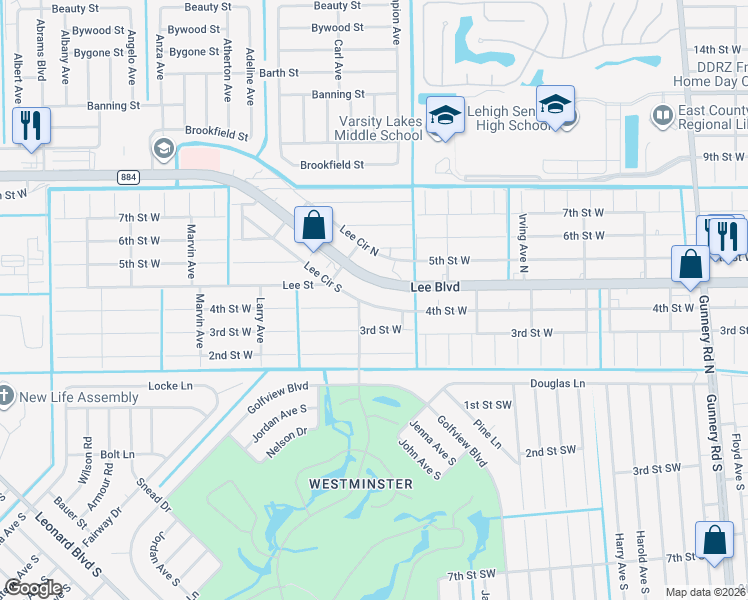 map of restaurants, bars, coffee shops, grocery stores, and more near 4912 Lee Circle South in Lehigh Acres