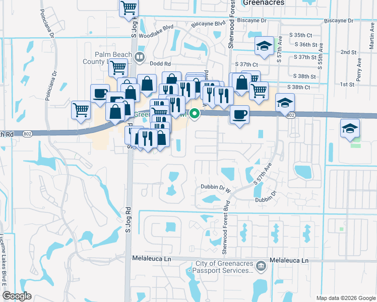 map of restaurants, bars, coffee shops, grocery stores, and more near 1500 Seminole Palms Drive in Greenacres