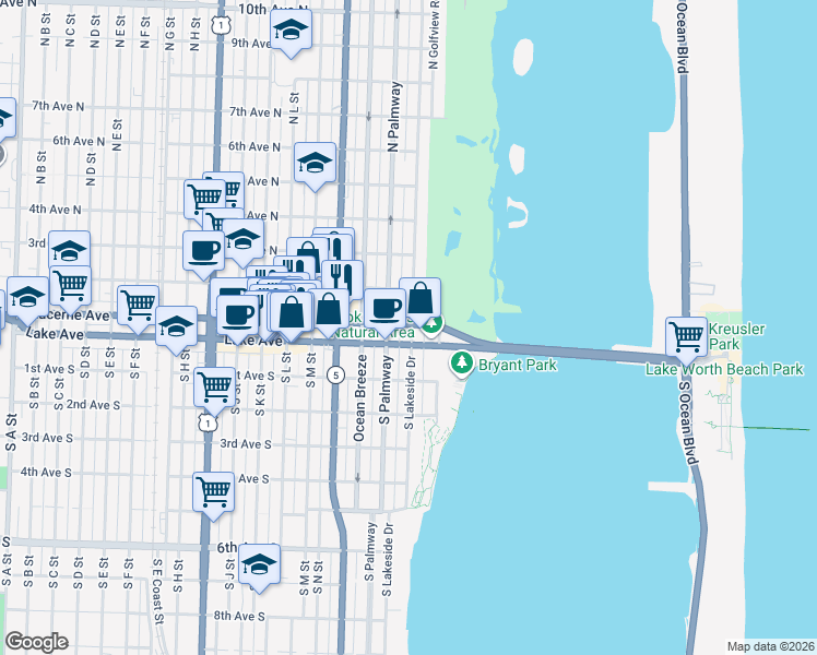map of restaurants, bars, coffee shops, grocery stores, and more near 2 North Lakeside Drive in Lake Worth