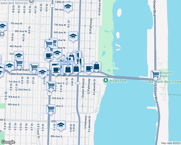 map of restaurants, bars, coffee shops, grocery stores, and more near 200 Lake Avenue in Lake Worth
