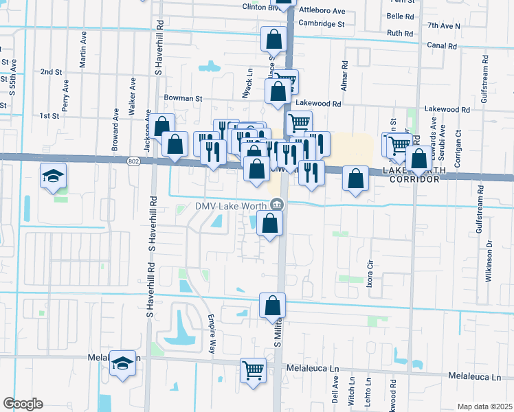 map of restaurants, bars, coffee shops, grocery stores, and more near 4177 Landar Drive North in Lake Worth