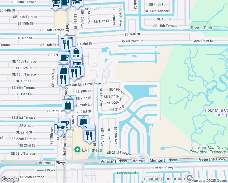 map of restaurants, bars, coffee shops, grocery stores, and more near 1826 Four Mile Cove Parkway in Cape Coral