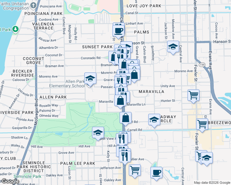 map of restaurants, bars, coffee shops, grocery stores, and more near 1950 Ricardo Avenue in Fort Myers