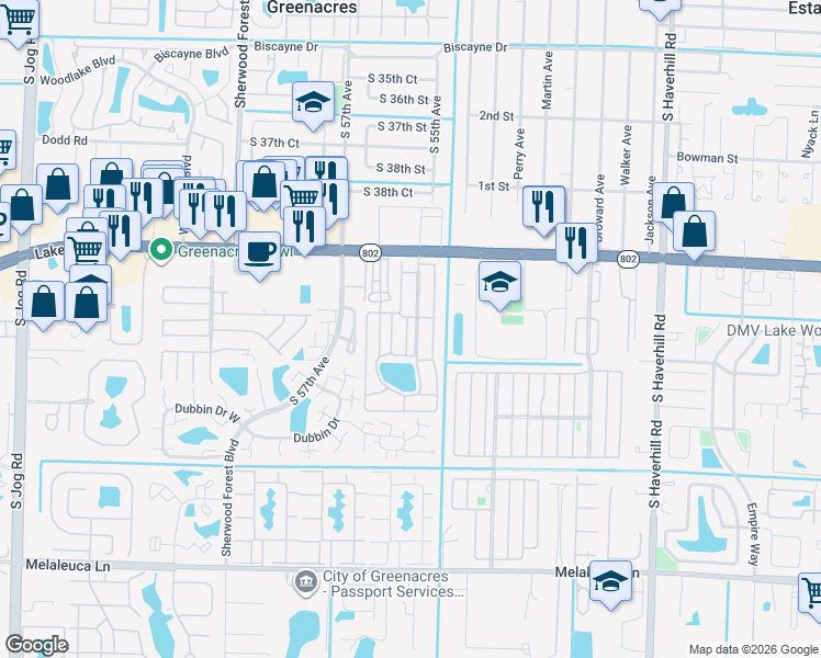 map of restaurants, bars, coffee shops, grocery stores, and more near 25 Ricks Drive in Lake Worth