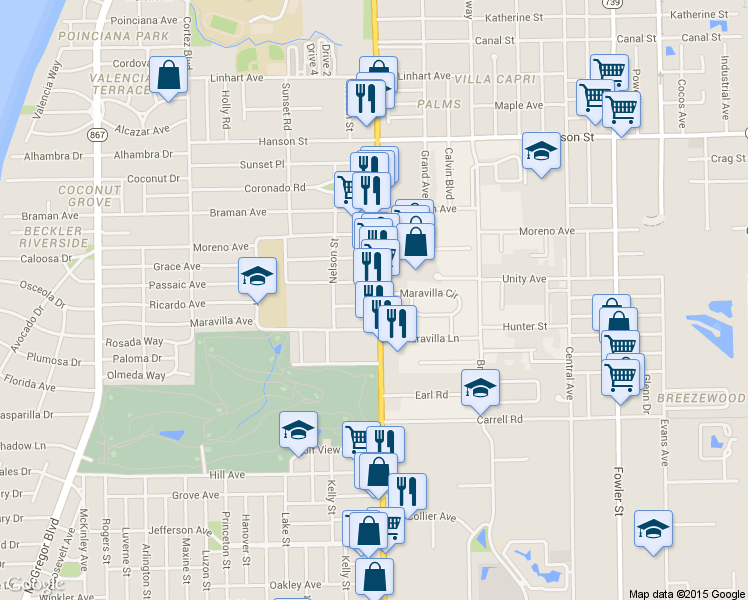 map of restaurants, bars, coffee shops, grocery stores, and more near 3332 Cleveland Avenue in Fort Myers