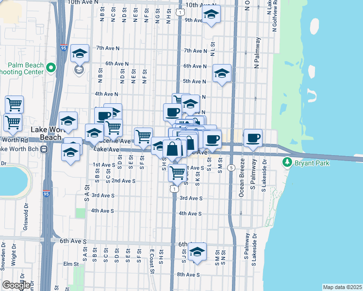 map of restaurants, bars, coffee shops, grocery stores, and more near 7 North J Street in Lake Worth Beach