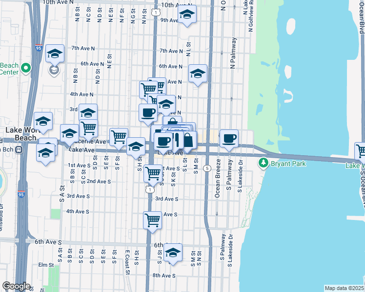 map of restaurants, bars, coffee shops, grocery stores, and more near 604 Lake Avenue in Lake Worth Beach