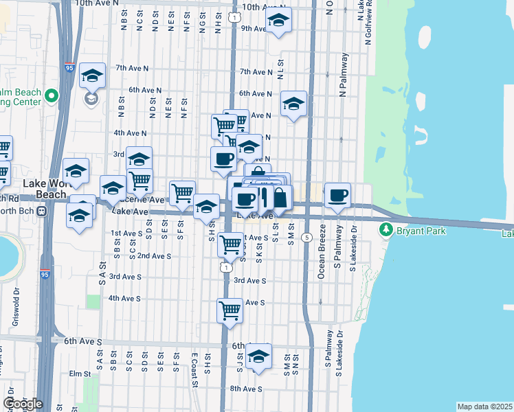 map of restaurants, bars, coffee shops, grocery stores, and more near 604 Lake Avenue in Lake Worth Beach