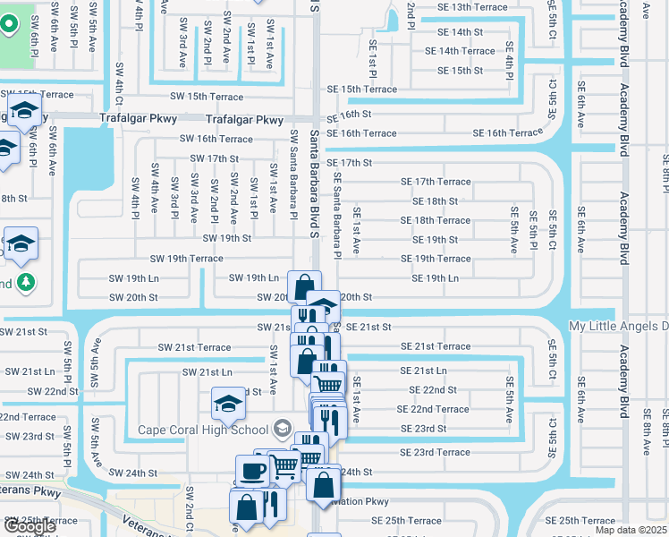 map of restaurants, bars, coffee shops, grocery stores, and more near 1918 Southeast Santa Barbara Place in Cape Coral