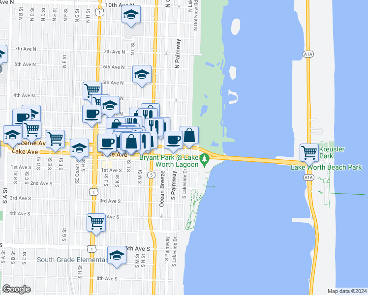 map of restaurants, bars, coffee shops, grocery stores, and more near 2 North Lakeside Drive in Lake Worth