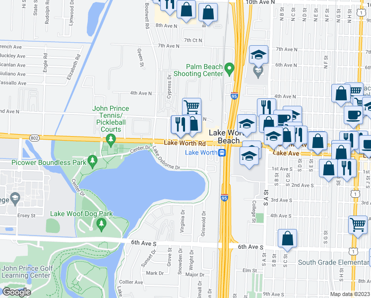 map of restaurants, bars, coffee shops, grocery stores, and more near 121 Akron Street in Lake Worth