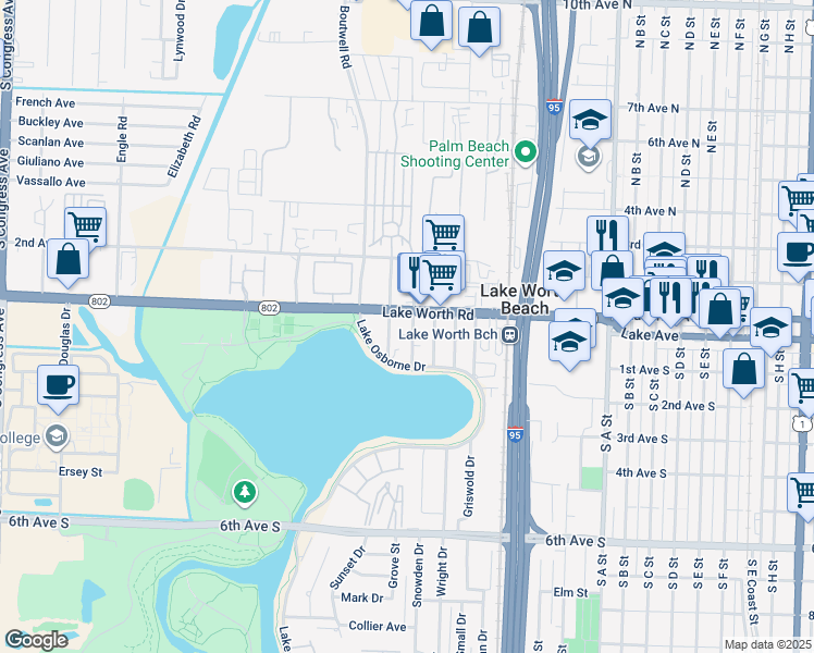 map of restaurants, bars, coffee shops, grocery stores, and more near 25 Detroit Street in Lake Worth