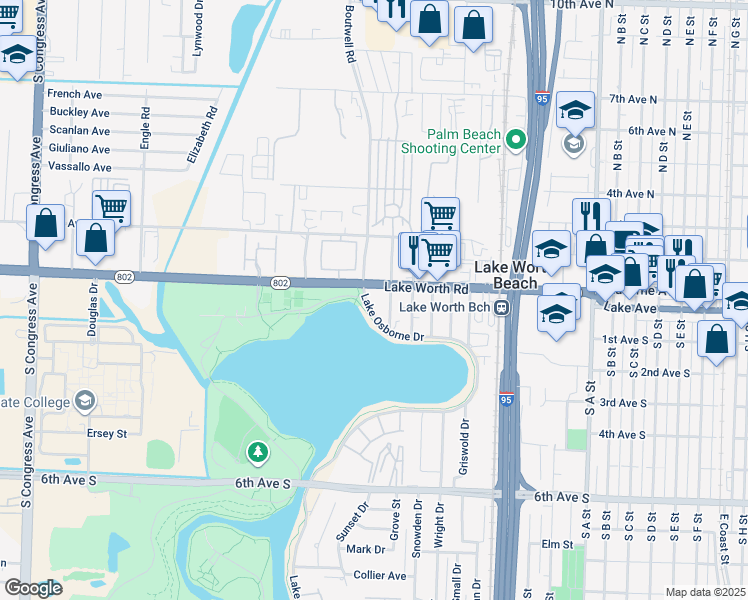 map of restaurants, bars, coffee shops, grocery stores, and more near 56 Lake Osborne Drive in Lake Worth