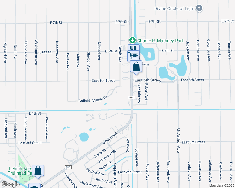 map of restaurants, bars, coffee shops, grocery stores, and more near 2021 Golfside Village Drive in Lehigh Acres