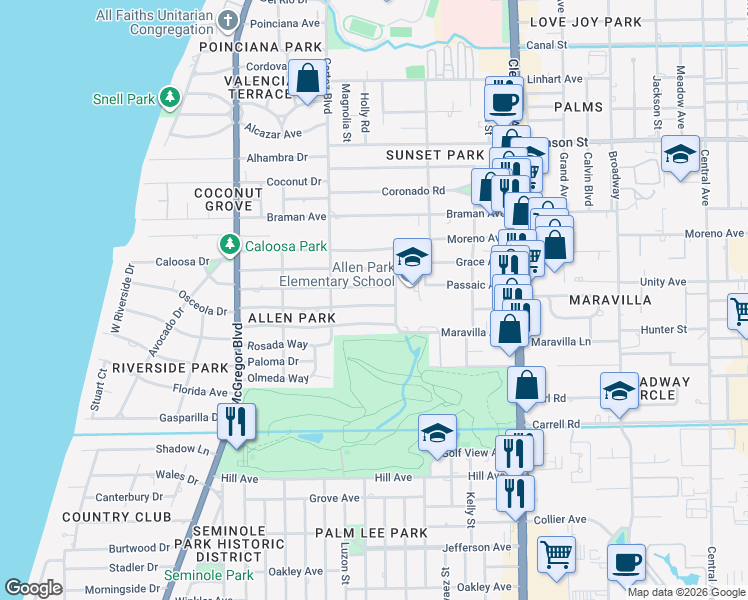 map of restaurants, bars, coffee shops, grocery stores, and more near 1636 Ricardo Avenue in Fort Myers