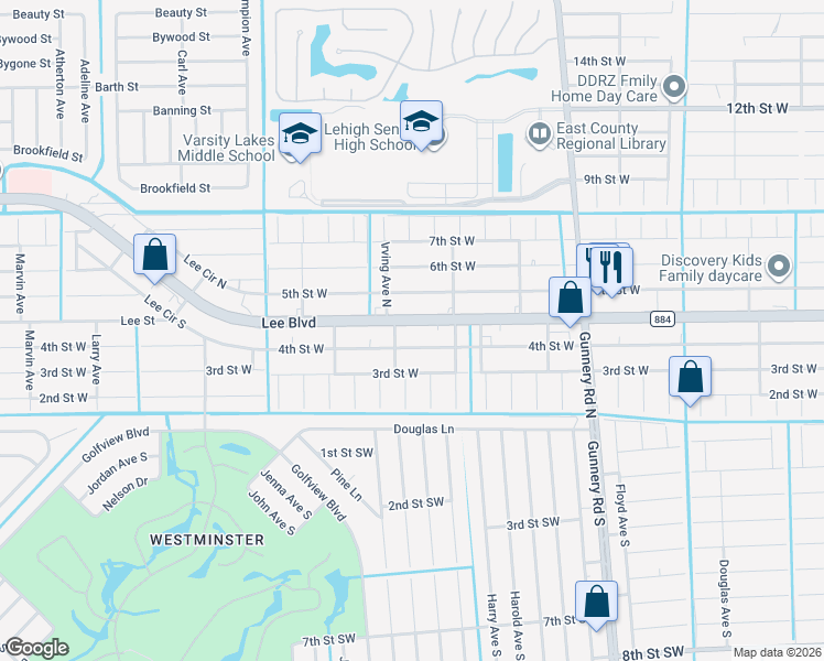 map of restaurants, bars, coffee shops, grocery stores, and more near 4612 4th Street West in Lehigh Acres