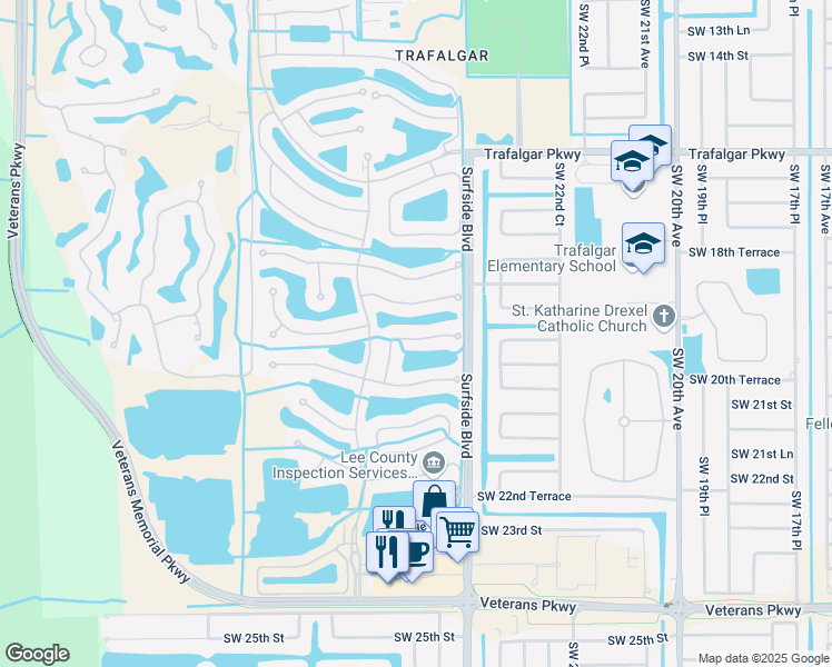 map of restaurants, bars, coffee shops, grocery stores, and more near 2475 Woodbourne Place in Cape Coral