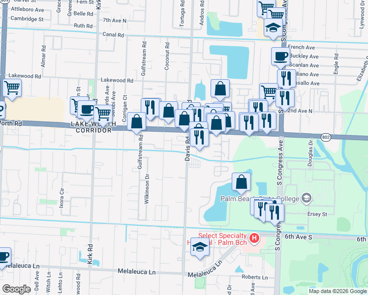 map of restaurants, bars, coffee shops, grocery stores, and more near 4163 Davis Road in Palm Springs