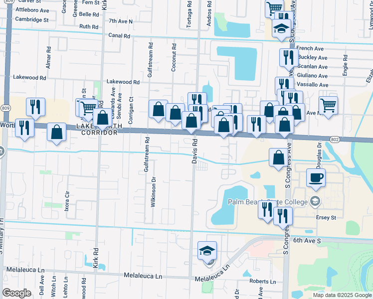 map of restaurants, bars, coffee shops, grocery stores, and more near 4162 Coconut Road in Lake Worth