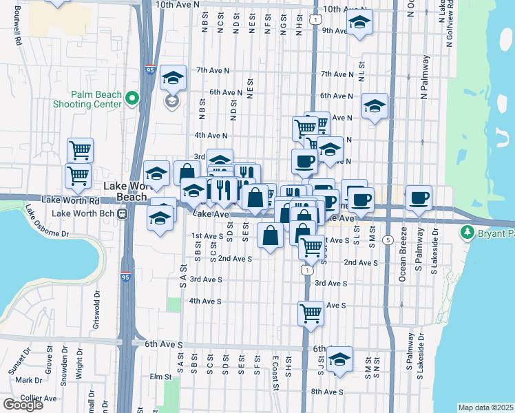 map of restaurants, bars, coffee shops, grocery stores, and more near 1224 Lake Avenue in Lake Worth