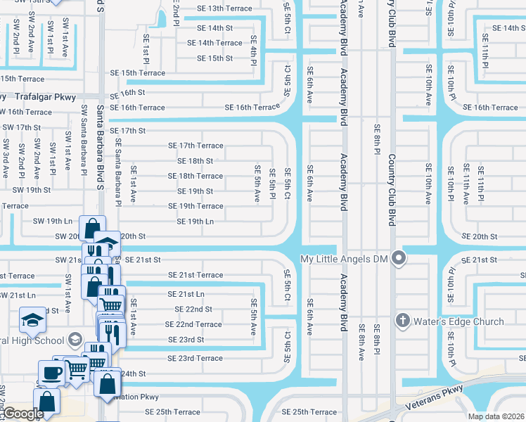 map of restaurants, bars, coffee shops, grocery stores, and more near 433 Southeast 19th Lane in Cape Coral