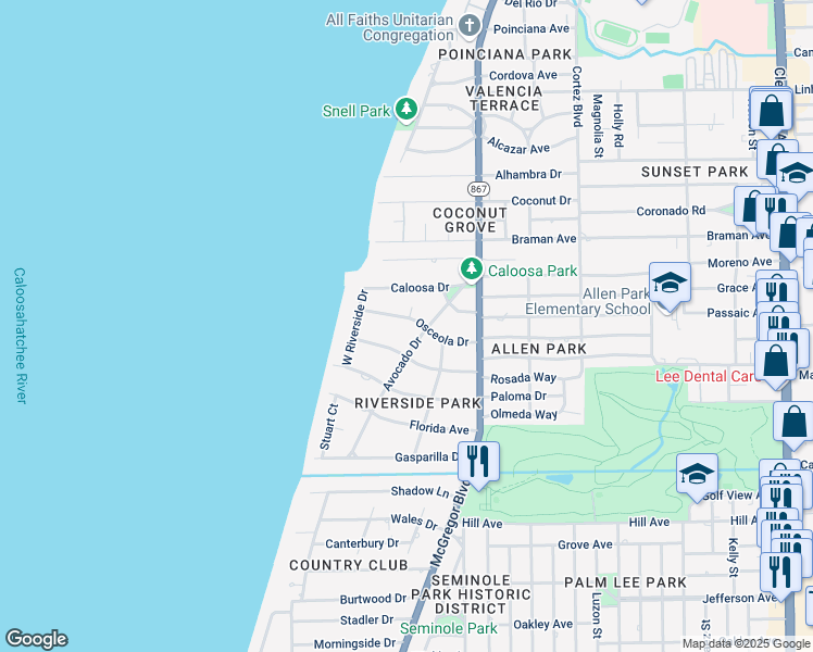 map of restaurants, bars, coffee shops, grocery stores, and more near 3325 Avocado Drive in Fort Myers