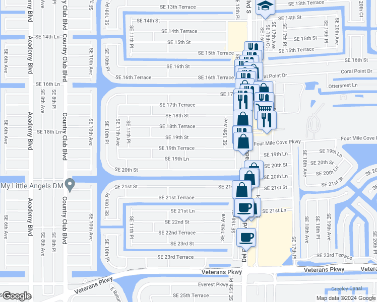 map of restaurants, bars, coffee shops, grocery stores, and more near 1402 Southeast 19th Terrace in Cape Coral