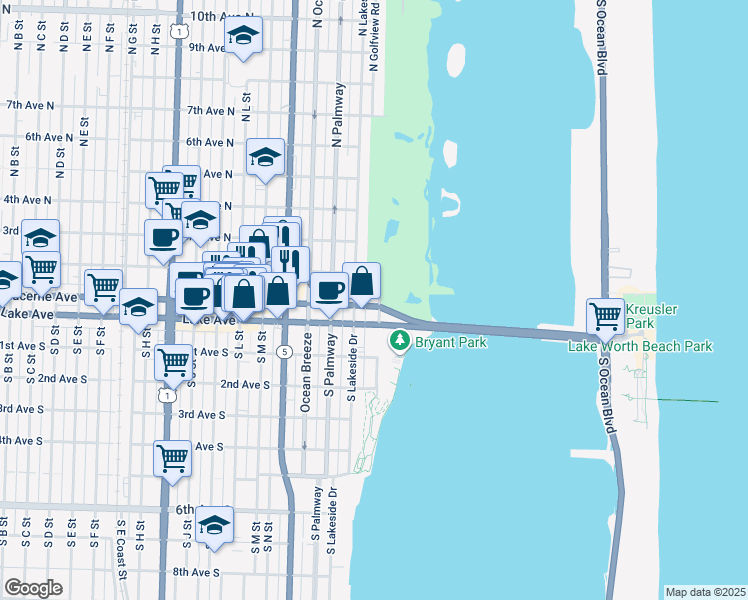 map of restaurants, bars, coffee shops, grocery stores, and more near 2 North Lakeside Drive in Lake Worth