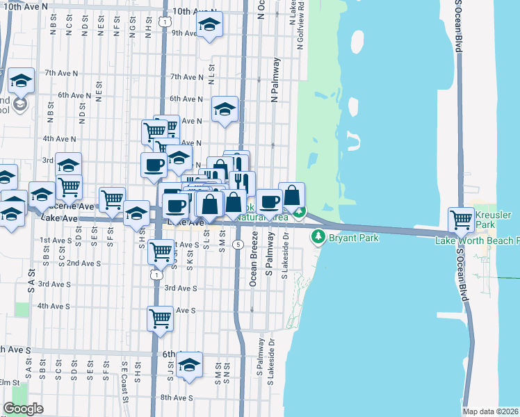 map of restaurants, bars, coffee shops, grocery stores, and more near 200 Lake Avenue in Lake Worth