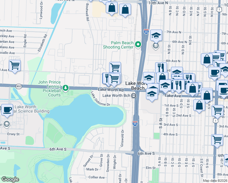 map of restaurants, bars, coffee shops, grocery stores, and more near 121 Akron Street in Lake Worth