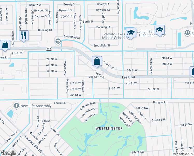 map of restaurants, bars, coffee shops, grocery stores, and more near 5015 Lee Street in Lehigh Acres