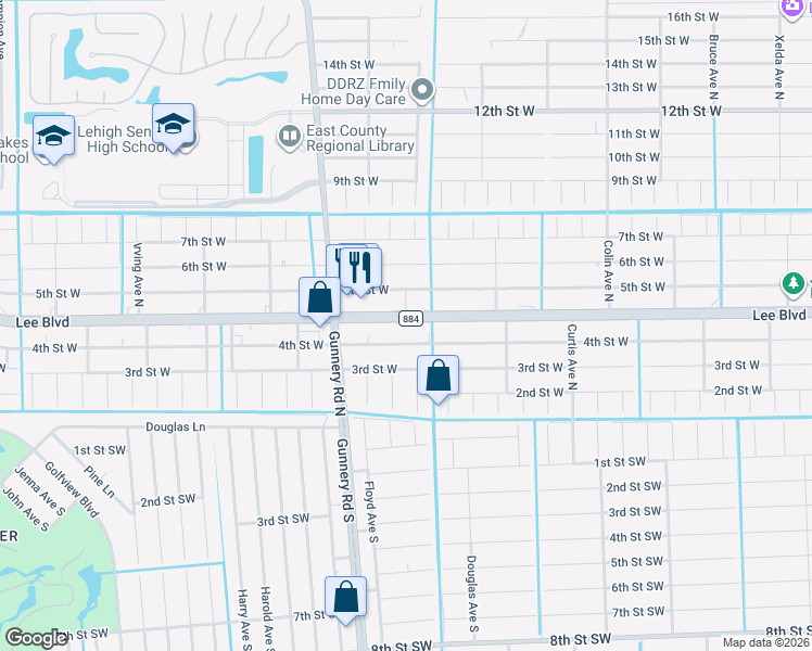 map of restaurants, bars, coffee shops, grocery stores, and more near 4307 Lee Boulevard in Lehigh Acres
