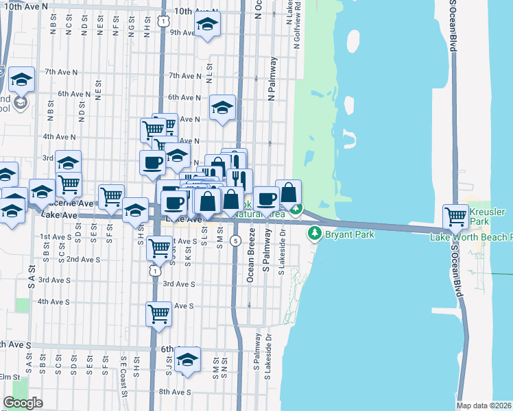 map of restaurants, bars, coffee shops, grocery stores, and more near 220 Lucerne Avenue in Lake Worth Beach