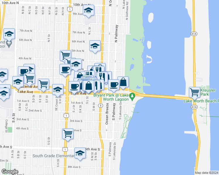 map of restaurants, bars, coffee shops, grocery stores, and more near 220 Lucerne Avenue in Lake Worth Beach