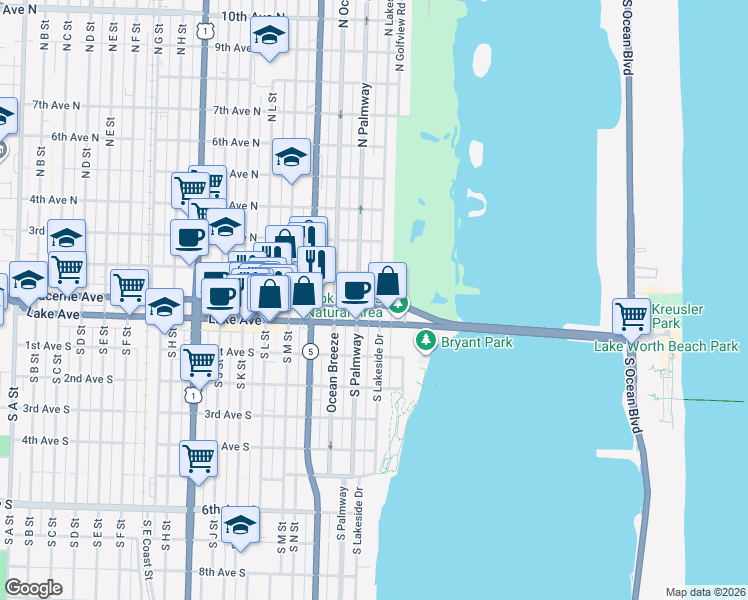map of restaurants, bars, coffee shops, grocery stores, and more near 2 North Lakeside Drive in Lake Worth