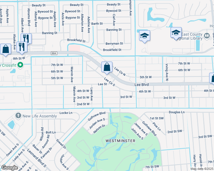 map of restaurants, bars, coffee shops, grocery stores, and more near 5015 Lee Street in Lehigh Acres