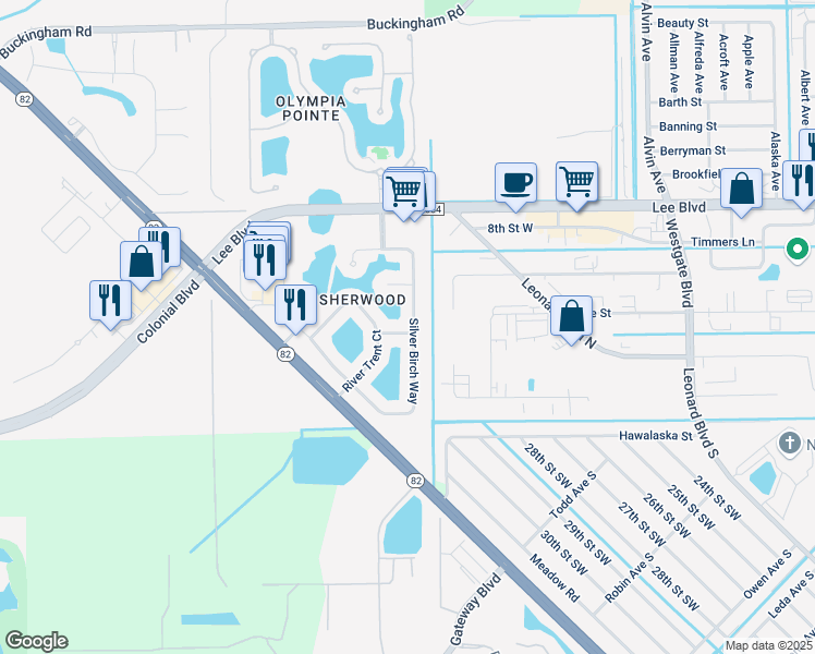 map of restaurants, bars, coffee shops, grocery stores, and more near 11527 Gainsborough Way in Lehigh Acres