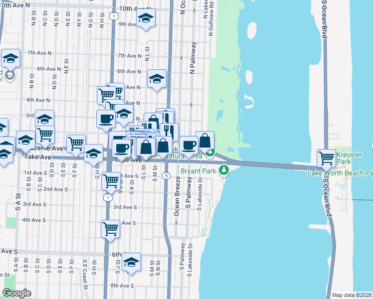 map of restaurants, bars, coffee shops, grocery stores, and more near 200 Lake Avenue in Lake Worth