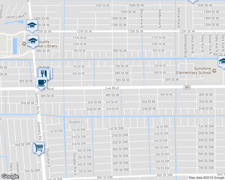 map of restaurants, bars, coffee shops, grocery stores, and more near 3921 Lee Boulevard in Lehigh Acres