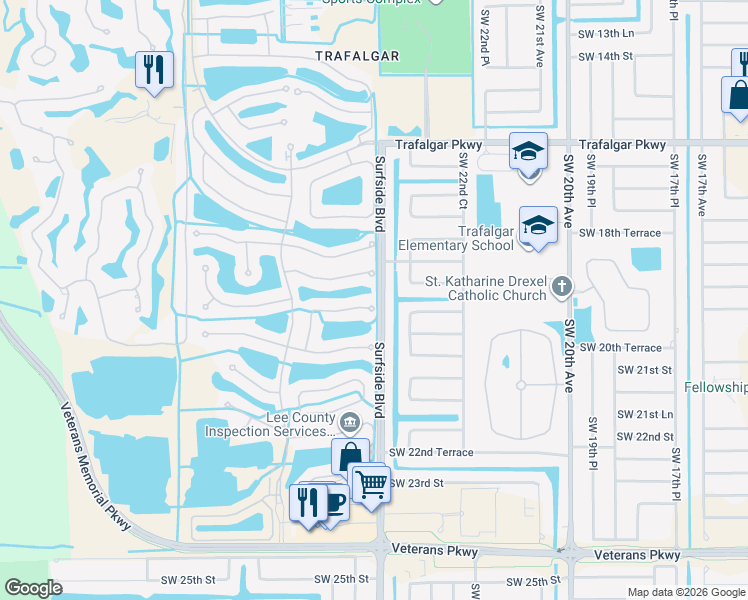 map of restaurants, bars, coffee shops, grocery stores, and more near 1925 Surfside Boulevard in Cape Coral