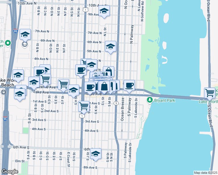 map of restaurants, bars, coffee shops, grocery stores, and more near 500 Lake Avenue in Lake Worth